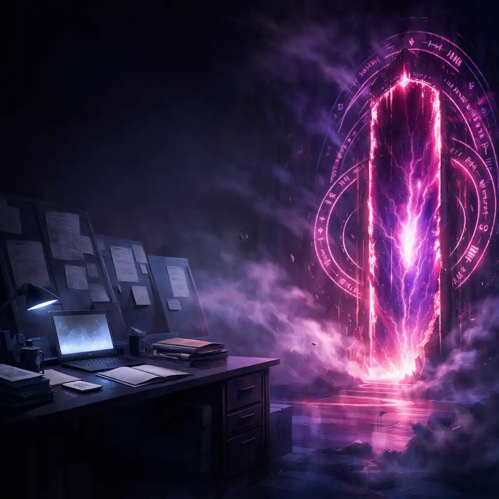 Editorial illustration of an archive desk facing a glowing supernatural portal