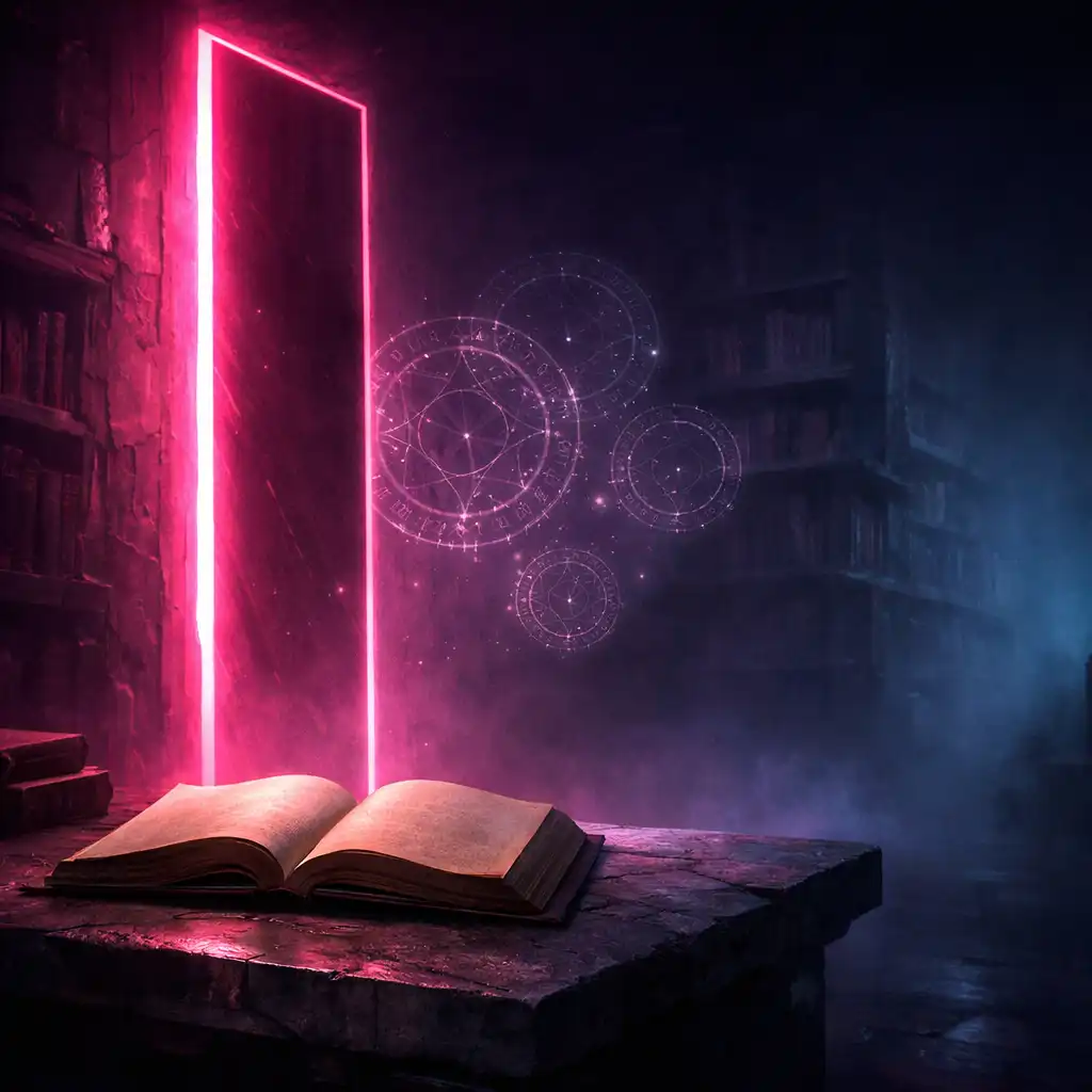 Editorial illustration of an archive reading room divided by a glowing geometric portal