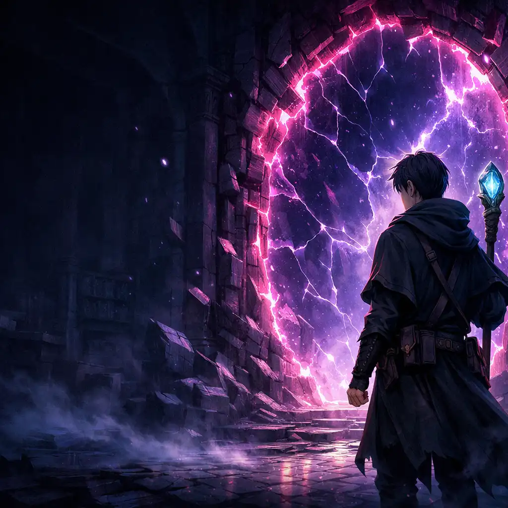 A novice sorcerer facing a violet portal in a dark archive hall.