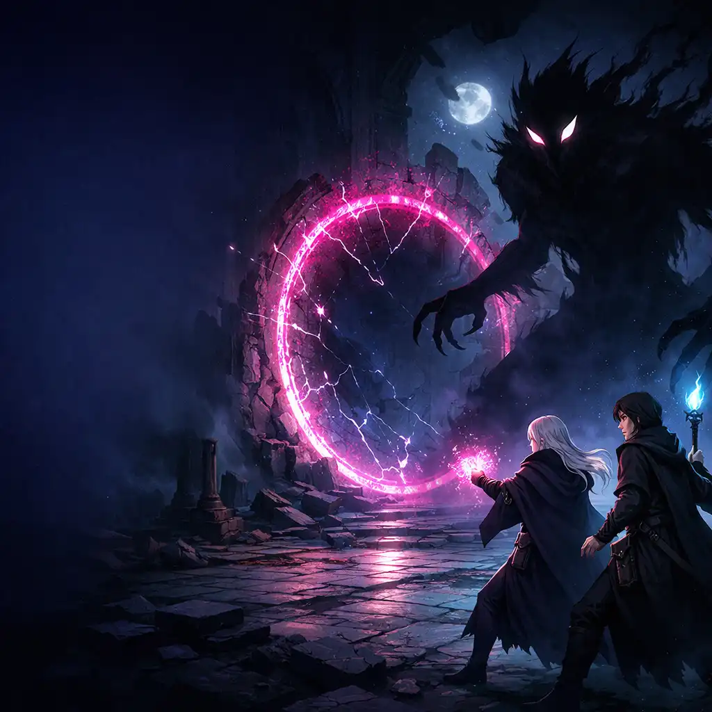 Editorial illustration of robed sorcerers confronting a shadow creature beside a glowing portal