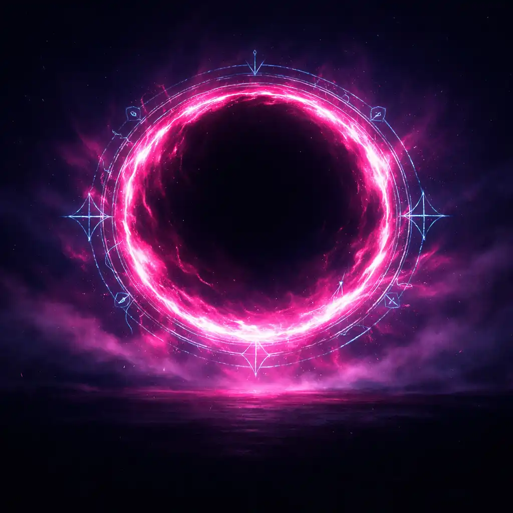 A glowing magenta portal suspended in a dark indigo void.