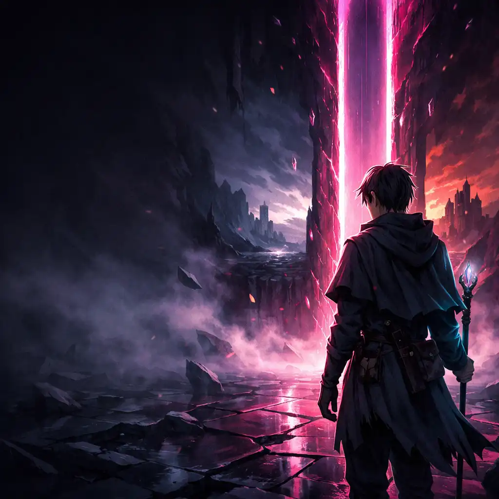 A sorcerer stands before a narrow glowing portal in an indigo dark-fantasy world.