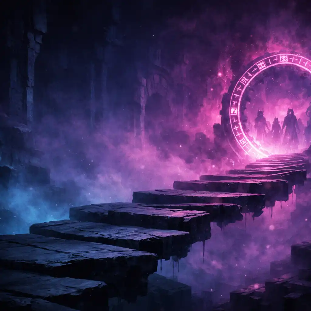 Floating steps lead toward a distant rune gate inside a supernatural dungeon threshold.