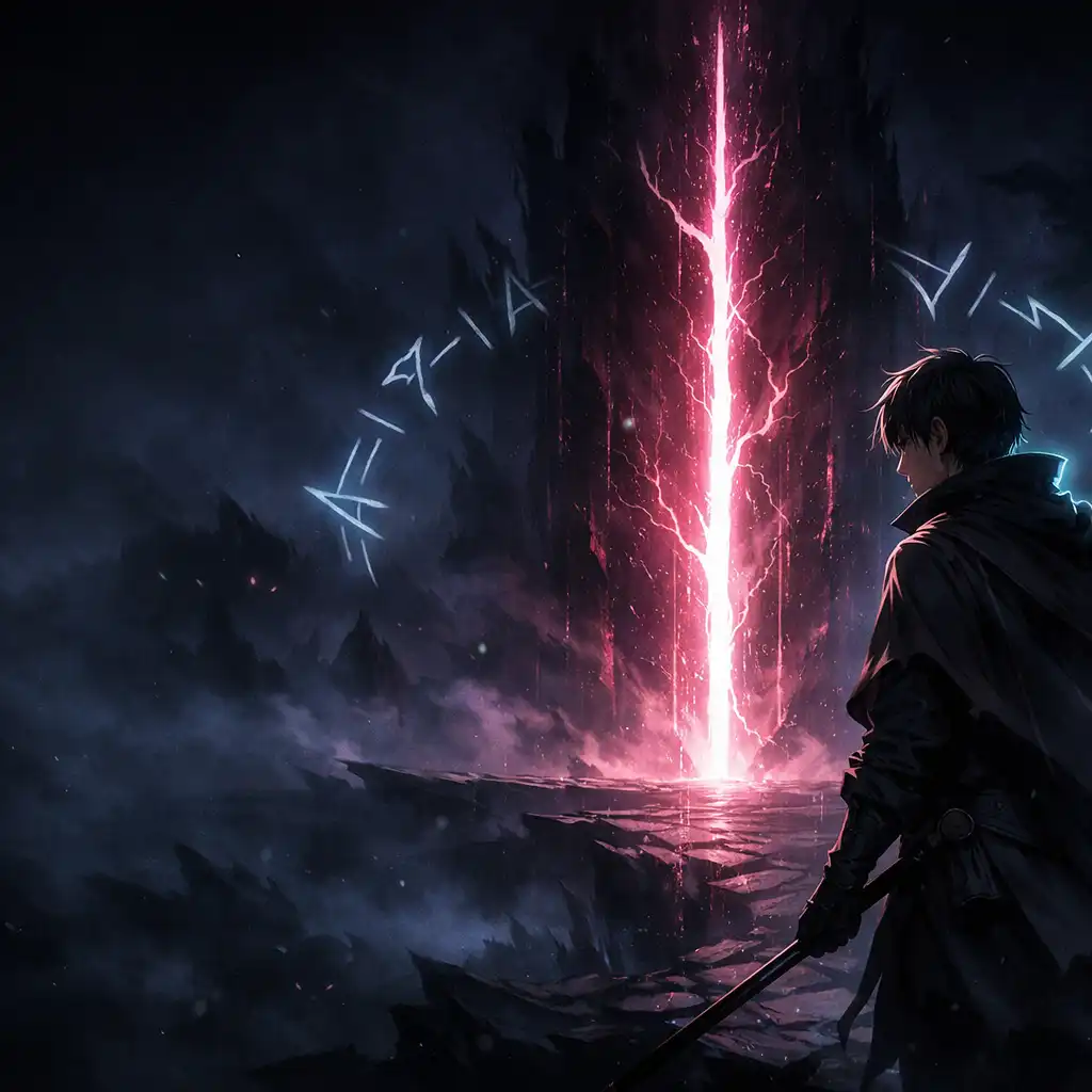 Editorial dark-fantasy illustration of a sorcerer facing a narrow magenta portal across an indigo horizon.