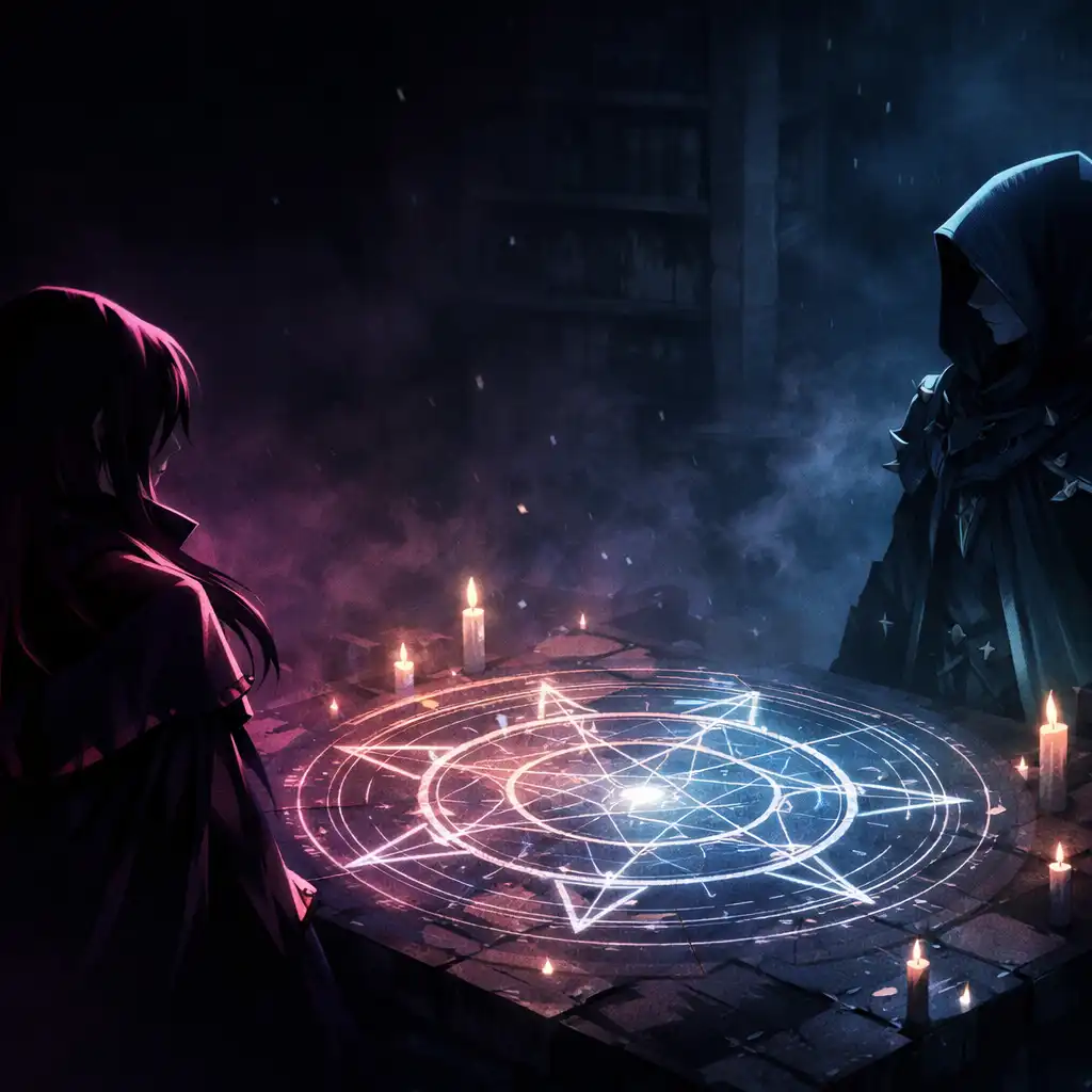 Two sorcerer silhouettes face one another across a glowing rune table.