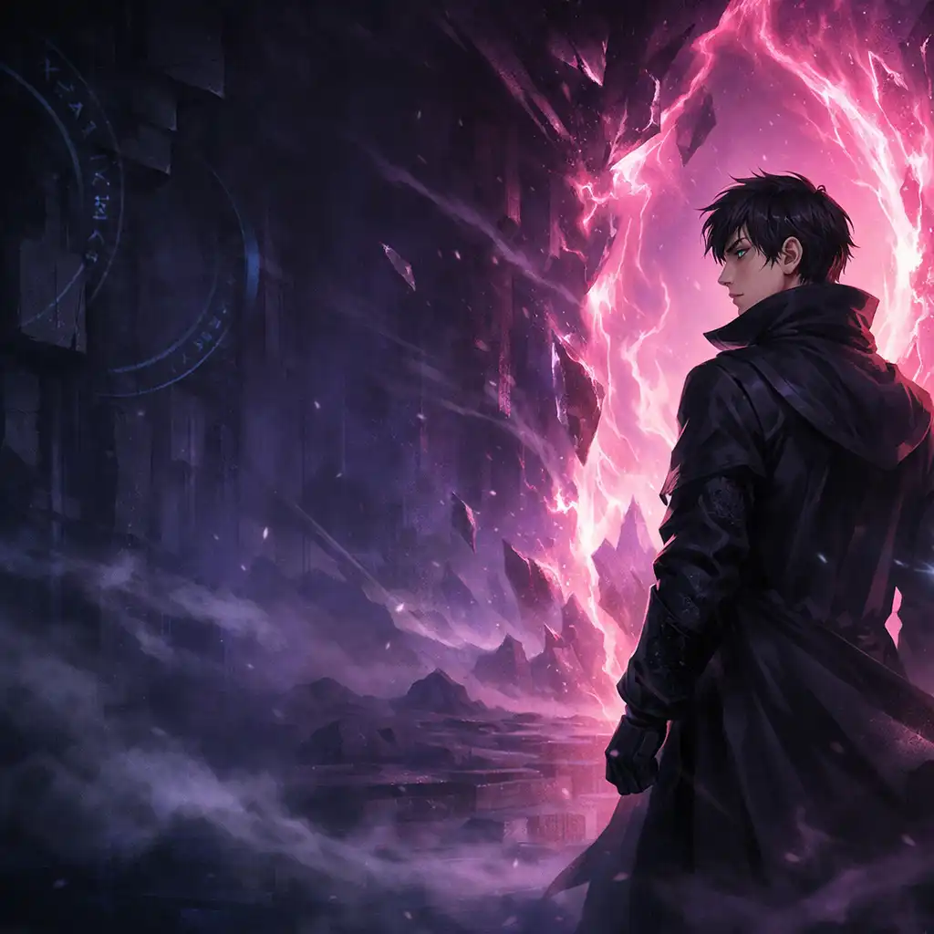 A solitary sorcerer stands near a glowing magenta rift between dark indigo realities.
