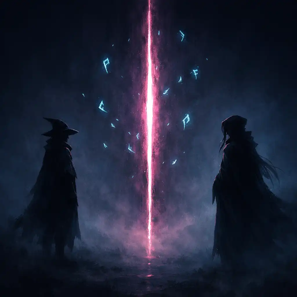 Editorial dark-fantasy silhouettes divided by a vertical magenta rift in indigo fog.