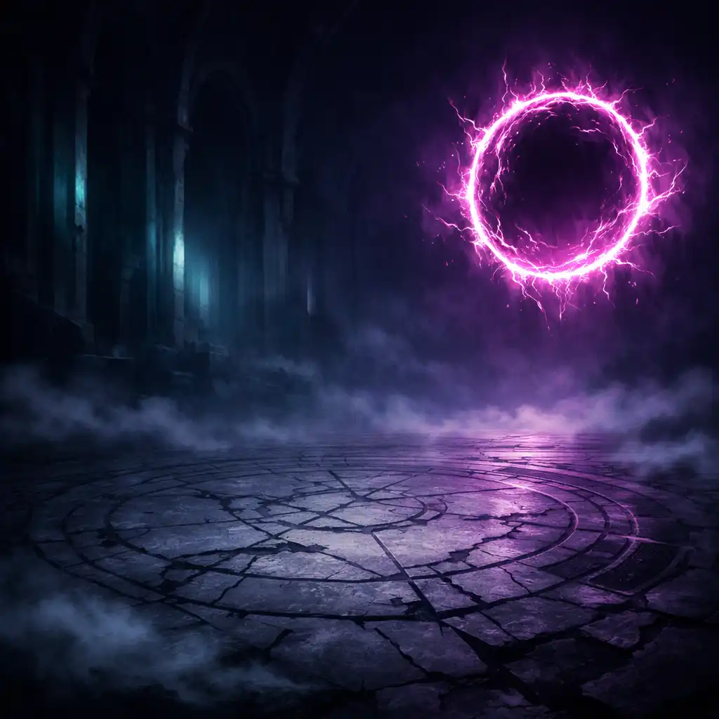 Editorial illustration of an empty supernatural chamber with a rune-marked floor and distant magenta portal.