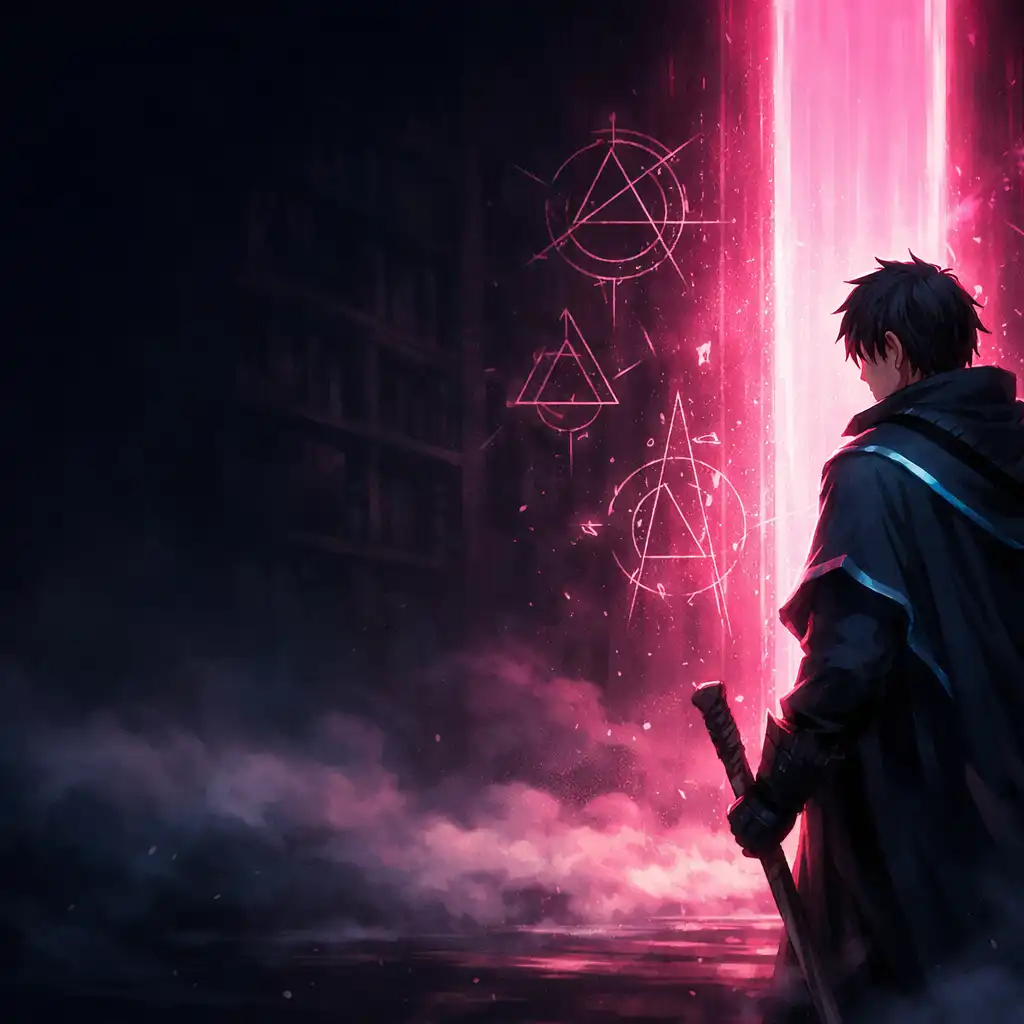 Editorial illustration of a sorcerer standing before a luminous magenta portal in an indigo archive hall.