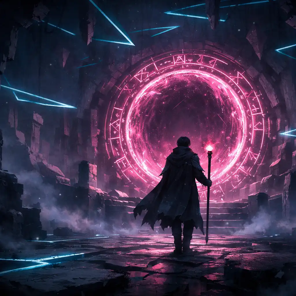 A lone sorcerer approaches a circular rune portal in a dark subterranean chamber.