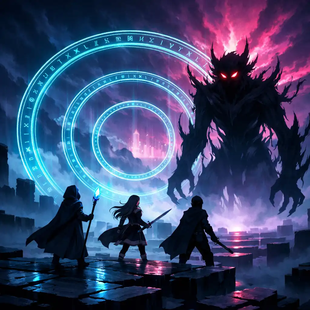 An unnamed sorcerer party confronting a shadow creature across fractured platforms in a surreal rune-lit domain.