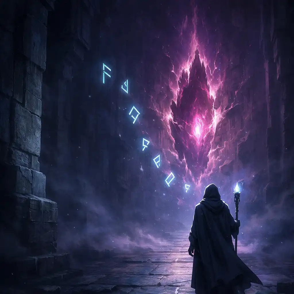 Editorial illustration of a lone robed sorcerer facing runes in a vast indigo corridor