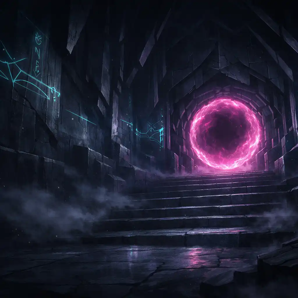 A shadowed corridor leading toward a glowing magenta portal.