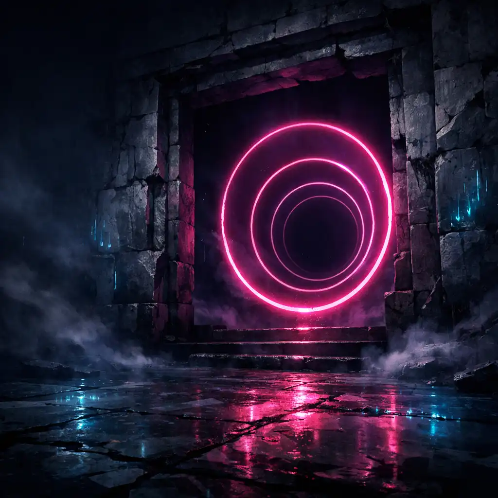 Editorial illustration of a geometric dungeon threshold leading to indigo space and magenta portal rings.
