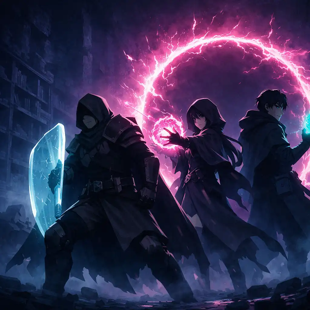 Three unnamed sorcerers preparing together in a ruined archive hall lit by magenta and cyan magic.